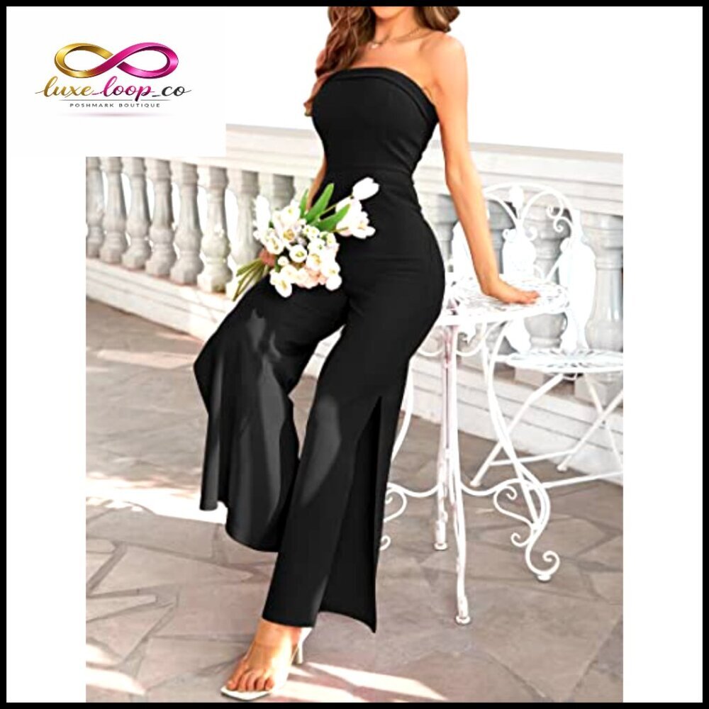 Strapless Jumpsuit Off Shoulder High Waist Wide Leg Side Slit Pockets - Picture 6 of 7
